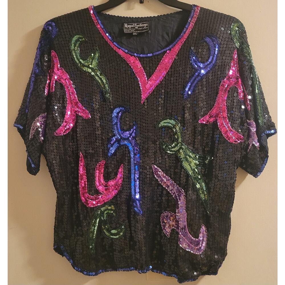 Royal Feelings Sequin Top XL Women 100% Pure Silk Multicolor Beads Vtg Disco 80s